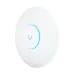 A top-down view of the white Ubiquiti UniFi U6+ Access Point, featuring a subtle blue LED ring indicating status.