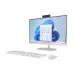 Angled front view of HP All-in-One 24-cr0179d PC showing Windows 11 interface with pop-up webcam and minimalist design.