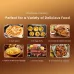 Food capacity view of Oraimo SmartAirFryer showing pizza, chicken, fries, steaks, and drumsticks for versatile cooking.