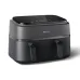 A front view of the black Philips Airfryer NA350/00 with two drawers and a digital display panel on top.
