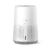 Angled front view of Philips 800i Series Air Purifier showing perforated intake, control buttons, and compact design.