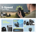 Feature overview view of Aecooly PF04 AirGimbal Handheld Turbo Jet Force Fan showing 5 speed modes airflow and compact design