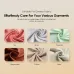 Fabric compatibility view of Oraimo SmartSteamer Garment Steamer showing swirl samples of silk, wool, cotton, and more.