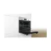 Side view of the BOSCH Series 2 HBF113BR0Q Microwave Oven installed in a wall cabinet with its door open and tray extended.