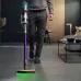 Living room view of Dyson Gen5detect Absolute Vacuum Cleaner in use with green laser revealing dust on floor.