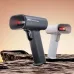 Angled view of black and white Deli ES228 Barcode Scanner units placed on textured surface with red laser lights visible.