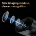 Close-up view of Deli ES228 Barcode Scanner imaging module showing multiple lens elements and blue light beam path.