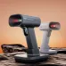 Angled view of black and white Deli ES228WB Barcode Scanner units placed on textured surface with red laser lights visible.