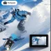 Action scene showing the Ausek AT‑M90TR 5K Waterproof Action Camera capturing a snowy sports moment with a preview shown on its rear display.
