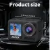 Angled front view of the Ausek AT‑M90TR 5K Waterproof Action Camera showing its lens, display screen, and product size dimensions.