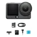 Kit layout of DJI Osmo Action 6 Adventure Combo showing camera, grip, charging case, and four rechargeable batteries.