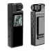 Close-up of a portable body camera featuring a built-in display screen showing outdoor footage, a rotatable lens, and a standard tripod mounting thread.