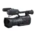 Angled view of the black JVC GY-HC500E professional camcorder with the integrated lens hood.