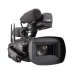 Angled front view of the black JVC GY-HC550E camcorder with microphone, lens hood, and antennae.