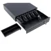 Open view of Deli DL-405 Cash Drawer revealing bill clips, coin tray, and key lock for organized transactions.