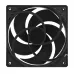Front view of Arctic P12 Casing Fan showing square frame, spiral blade design, and mounting holes at corners.