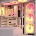 A white PC case interior filled with Corsair iCUE LINK LX120-R RGB fans, showcasing vibrant pink and yellow lighting.