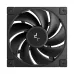 Direct top view of a black DeepCool FD12 Front view of a black DeepCool FD12 case fan with nine curved blades and square frame.