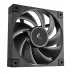 Angled front view of a black DeepCool FD12 case fan with nine curved blades and a square frame.