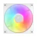 Front view of a white DeepCool FD14 ARGB WH fan with blades illuminated in a rainbow of colors.
