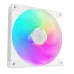 Angled front view of a white DeepCool FD14 ARGB WH fan with rainbow illuminated blades.