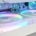 Close-up of two DeepCool FL12 WH fans in a white PC case, glowing with vibrant multi-color RGB lighting.