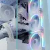 Close-up of a white PC build with DeepCool FL12R WH RGB fans glowing with multi-color light next to a white GPU.