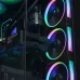 Close-up of three DeepCool FL12R fans in a PC case, glowing with multi-color RGB rings next to a GEFORCE RTX GPU.