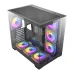 Front and side view of Antec CX Mirror Casing with tempered glass panels, six RGB fans, and modern open interior.