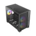 Side view of Antec Flux M Casing showing tempered glass panel, RGB fans at front and rear, and bottom cooling setup.