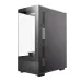 Side profile of the Side view of the black Antec VCX300 ARGB case, showing the tempered glass panel and mesh side panel ventilation.