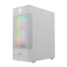 Three-quarter front view of the Gamdias AURA GC5 ELITE WH ARGB Casing emphasizing its sleek white design and vibrant ARGB lighting.