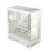 Side view of MSI MAG PANO 130R PZ WHITE Casing with tempered glass panel and four cooling fans glowing pale green light.