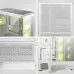 Multi-angle view of MSI MAG PANO 130R PZ WHITE Casing showing mesh front, tempered glass side, and yellow-green RGB fans.