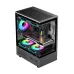 Side view of PC Power Vertical X2 Infinity BK Casing with transparent panel, RGB fans, and GeForce RTX GPU mounted vertically.