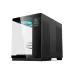 Black gaming case with tempered glass side panel, blue LED fans, and front digital temperature display
