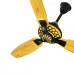Close-up, angled view of the black and yellow wood-grain Pakhtun Pasha Premium ceiling fan blades and decorative motor.