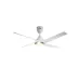 Studio shot of the Qulik Falcon white ceiling fan with five distinctively shaped blades, on a black background.