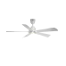 Studio shot of the Qulik Falcon white ceiling fan with five distinctively shaped blades, on a black background.