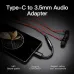 Vention Type-C to 3.5mm Audio Adapter connecting a smartphone to red earbuds, highlighting HiFi, CTIA/OMTP, and mic support.