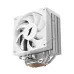 A 3D render of the CY12 white CPU cooler, showing its large white fan, silver heat fins, and shiny chrome heat pipes.