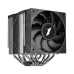A front-angled view of the CY12D black CPU cooler, with a single black fan, metal heat fins, and shiny, bent heat pipes.