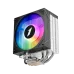 A render of a black CY12L CPU cooler with a glowing rainbow RGB fan, showing the fan blades and silver heat pipes from below.