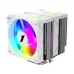  A 3D render of the CY12LD white CPU cooler, showing its dual-tower design, vibrant RGB fan, and multiple aluminum fins.
