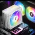 A vibrant CPU cooler installed inside a computer case, with a rainbow-lit fan, two additional case fans, and RGB RAM sticks.