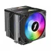 A dynamic render of the CY12LD black CPU cooler, showing its dual-tower design, vibrant RGB fan, and black aluminum fins.