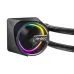 Angled view of Antec Skeleton 240 ARGB CPU Cooler pump block with circular RGB lighting and braided tubes attached.