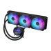 An angled view of the black Asus ROG STRIX LC III 360 ARGB LCD all-in-one liquid cooler, showing the radiator, three RGB fans, and the CPU pump block with an LCD screen.
