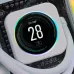 Close-up of Corsair iCUE ELITE CPU Cooler LCD Display Upgrade Kit with circular RGB screen showing CPU temp at 28°C.