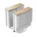 Dual-tower CPU cooler with stacked aluminum fins, white heat pipes, and wood-accented top